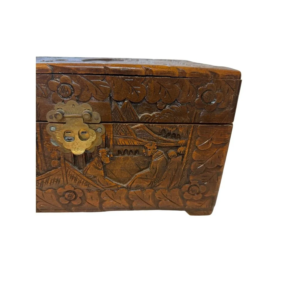 Vintage Hand Carved Camphor Wood Jewelry Box Asian Village Scene Brass Latch 12